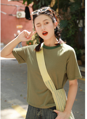 【花吉0423】“街角游记”两色插肩袖细条纹T恤