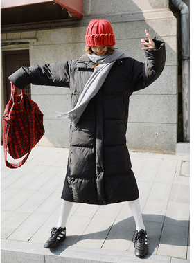 花吉B919黑色韩系50白鸭绒立领宽松长款羽绒服女2025年新款冬上衣