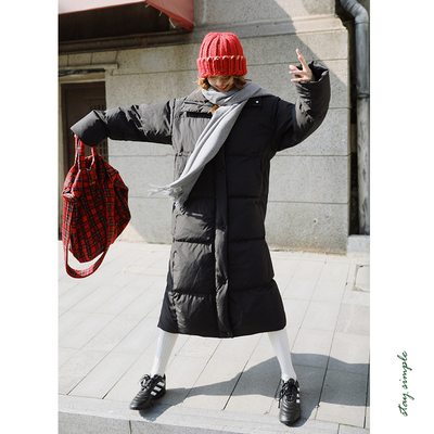 黑色50白鸭绒立领宽松长款羽绒服