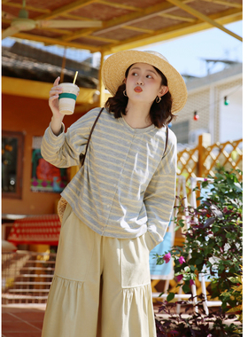 花吉C160彩纱条纹圆领开衫女2026新款春长袖宽松横条纹甜美外套