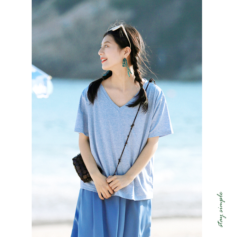 花吉B713蓝色短袖宽松学院风冰沙混色感V领T恤女2025新款夏上衣