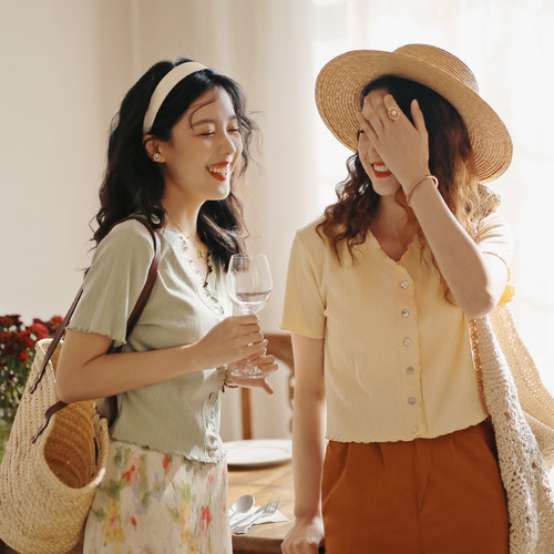 紫色短袖短款V领小个子T恤女夏