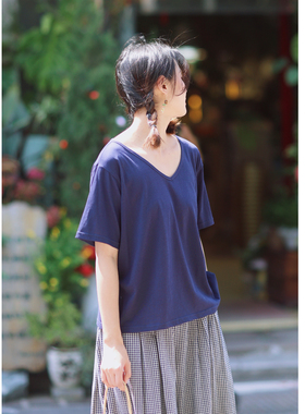 【花吉0423】C194“番茄女孩”冰丝亚麻棉两侧抽褶V领T恤