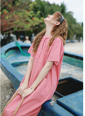 花吉B727蜜桃粉色立领双口袋质感直筒衬衫裙2025新款夏衬衫连衣裙