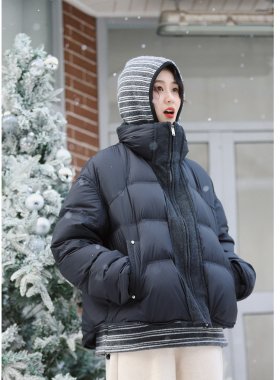 花吉C112黑色针织拼接立领羽绒服女2026新款秋冬宽松通勤休闲外套