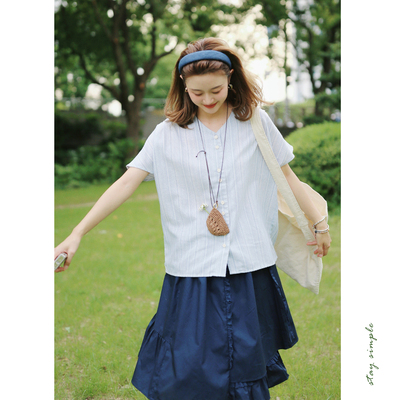 花吉C007冰沙蓝配同色领巾条纹V领条纹衬衫女2026新款夏短袖衬衣