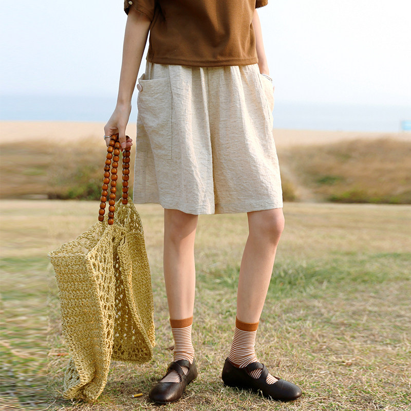 花吉K396麻本色松紧腰森系复古宽松阔腿裙裤女2025新款夏休闲短裤,女装/女士精品,休闲裤,淘宝优惠券,粉丝福利购,淘宝优惠卷