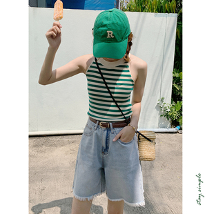 牛仔裤 花吉K207浅蓝色高腰阔腿薄款 夏短款 毛边牛仔短裤 女2025新款