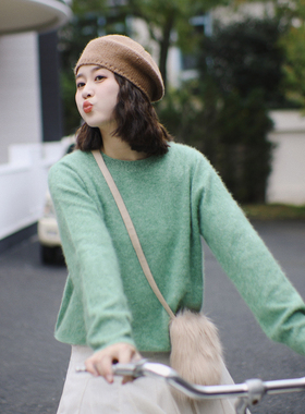 花吉C114抹茶绿色拉毛羊绒保暖圆领毛衣女2025新款秋冬V领上衣