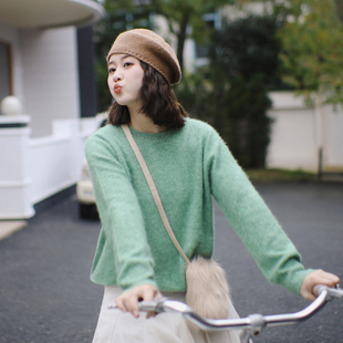 花吉C114抹茶绿色拉毛羊绒保暖圆领毛衣女2025新款 秋冬V领上衣