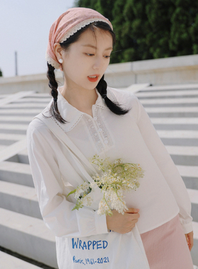 花吉B524奶白色纯棉半开襟花边衬衫女2025新款秋全棉宽松甜美衬衣