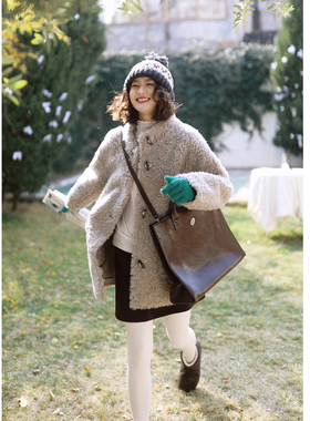 花吉C141青灰色立领全羊毛宽松牛角扣中长款毛毛外套女2026新款冬