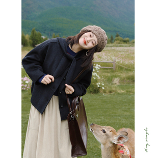 花吉C068黑色可拆连帽茧型短款 秋冬双面呢外套 圆领大衣女2026新款