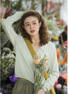 花吉B957苹果绿色V领贝壳扣针织开衫女2025新款春宽松纯色针织衫