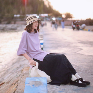 春上衣 花吉C158淡紫色松弛感侧开叉柔软宽松圆领T恤女2026新款