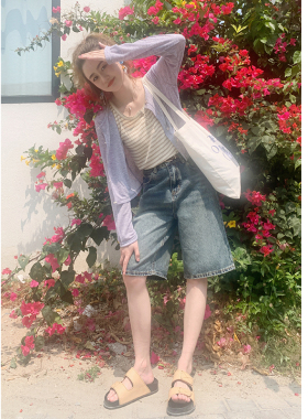 花吉K316蓝色高腰复古水洗率性男友风牛仔裤女2026新款夏BF中裤