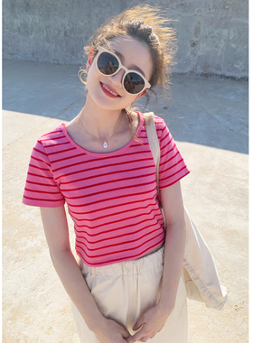 花吉B411粉色“莓果子”大圆领条纹短款短袖T恤女2025新款夏