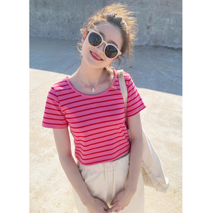 T恤女2025新款 花吉B411粉色 短袖 大圆领条纹短款 夏 莓果子