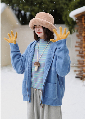 花吉C090蓝色搭扣连帽气质学院风毛衣女2025新款秋冬宽松口袋外套