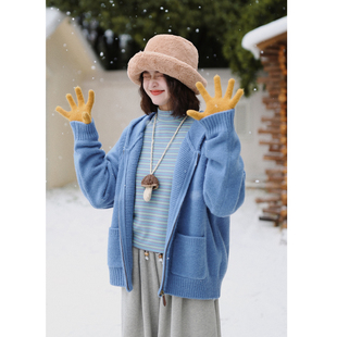 花吉C090蓝色搭扣连帽气质学院风毛衣女2025新款 秋冬宽松口袋外套