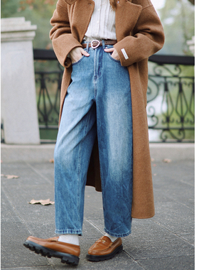 花吉K384蓝色高腰直筒宽松柔软休闲牛仔裤女2025新款早春九分裤