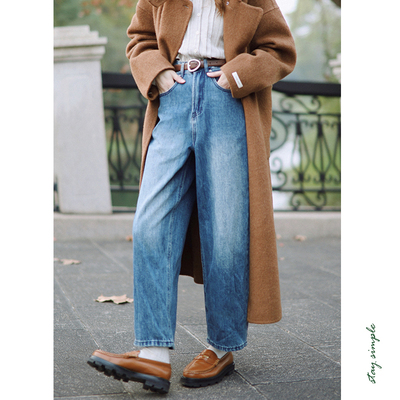 高腰直筒宽松九分牛仔裤