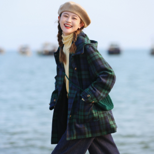 花吉B599墨绿色复古撞色格子条纹连帽毛呢外套女2026新款 秋冬大衣