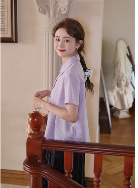 花吉B752紫色暗格日系减龄短袖提花纯棉压褶衬衫女2025新款夏衬衣