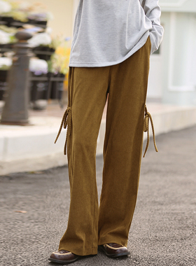 花吉K377棕色高腰宽松直筒侧边系带灯芯绒九分休闲裤女2025新款秋