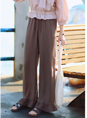 花吉L090咖色俏皮感脚口花边系带休闲裤显瘦显腿长女2026新款夏