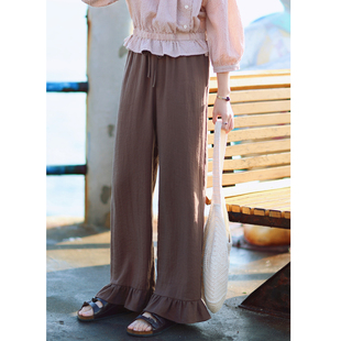 花吉L090咖色俏皮感脚口花边系带休闲裤 夏 显瘦显腿长女2026新款