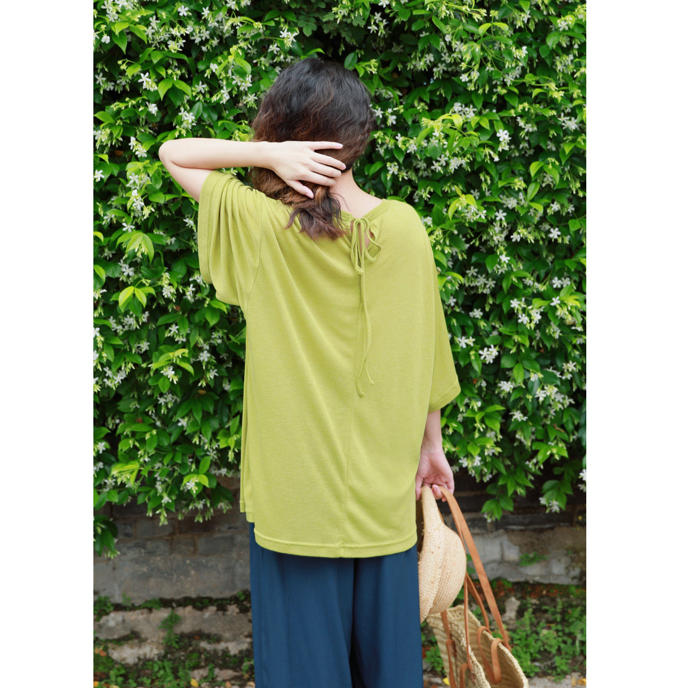 花吉C196绿色亲肤软糯手感后系带宽松大T恤女2026新款夏短袖上衣
