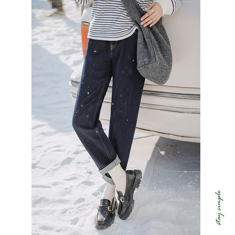 花吉K268深蓝色高腰直筒显瘦微弹锥形牛仔裤女2025新款秋冬锥形裤