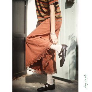 花吉Q513砖红色桃皮绒裙摆蕾丝花边鱼尾半身裙2025新款 春中长裙