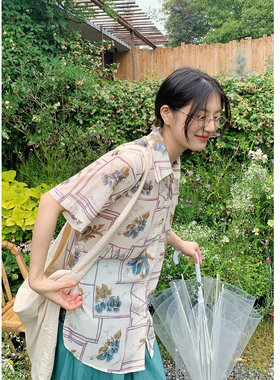 花吉B986清透雪纺复古森系印花短袖衬衫女2025新款夏薄款衬衣