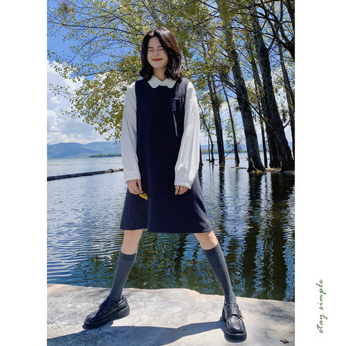 花吉深灰色毛呢直筒背心连衣裙