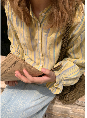 花吉C051海盐芝士圆领荷叶袖条纹衬衫女2026新款秋长袖学院风衬衣