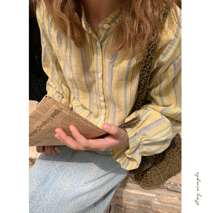 花吉C051海盐芝士圆领荷叶袖 女2026新款 秋长袖 学院风衬衣 条纹衬衫