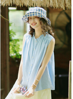 花吉B969海盐蓝日系苎麻无袖花边领衬衫女2026新款夏宽松透气衬衣