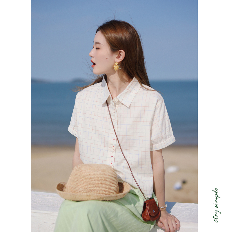 花吉B780彩色小方格宽松短袖格纹衬衫女2025新款夏格子条纹衬衣