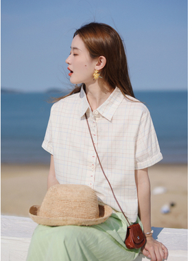 花吉B780彩色小方格宽松短袖格纹衬衫女2025新款夏格子条纹衬衣