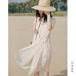 花吉Q301蓝色不规则设计感垂感系带衬衫连衣裙2026新款女衬衫裙夏