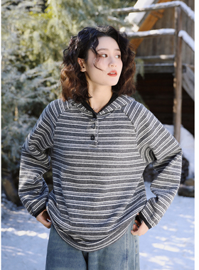 花吉C082灰白色日系休闲加绒条纹连帽卫衣女2025新款秋冬宽松上衣