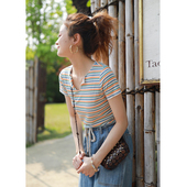 T恤女2025新款 花吉B409蓝橘色V领显高短款 条纹短袖 夏甜美学生上衣