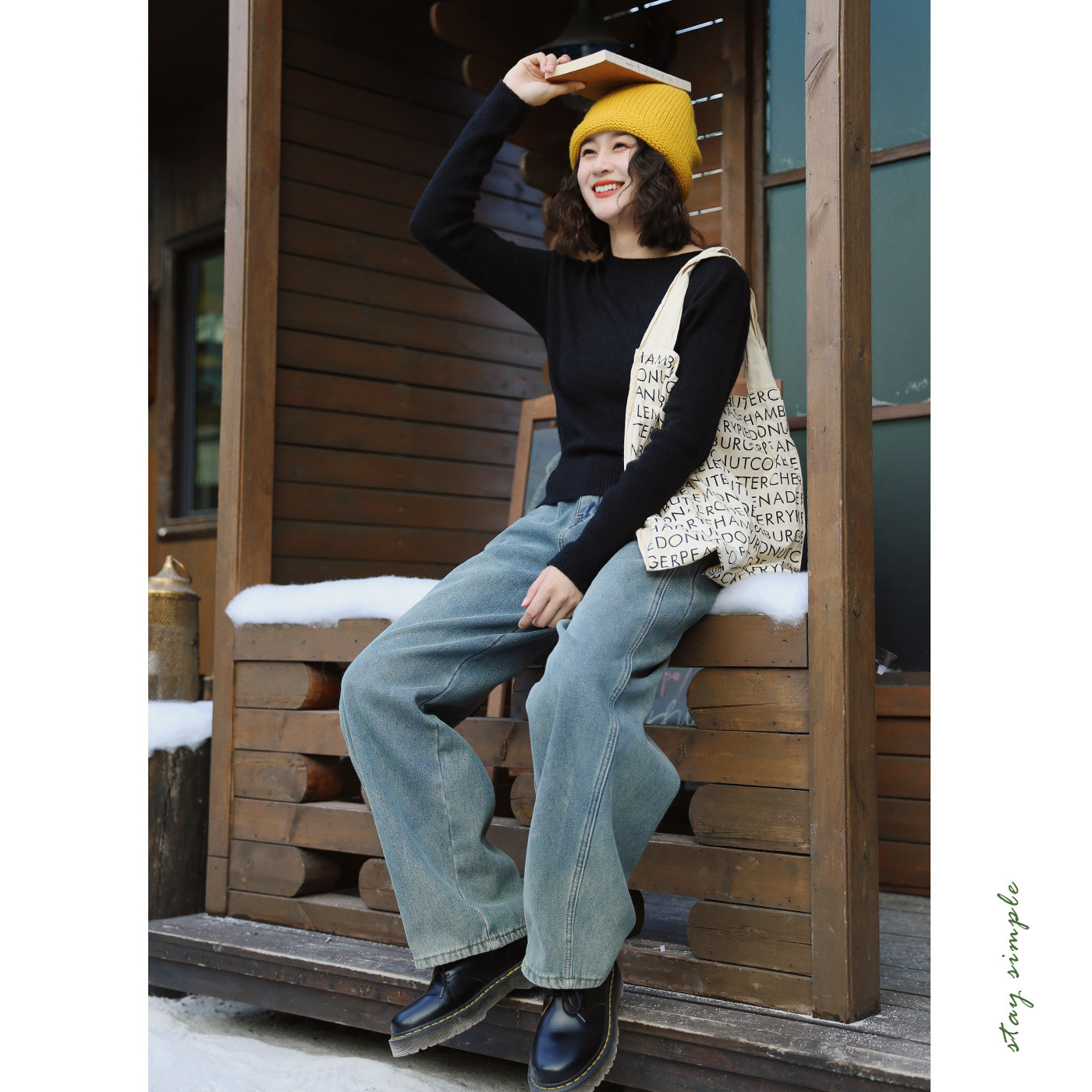 花吉浅蓝色高腰复古加绒牛仔裤