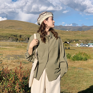 花吉B845茶绿色天丝宽松双层领撞色休闲衬衫 秋冬衬衣 女2026新款