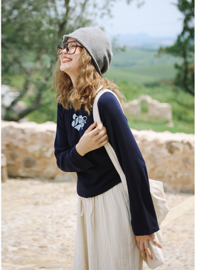 花吉C035藏蓝色腰部抽褶印花圆领插肩袖T恤女2025新款秋撞色上衣