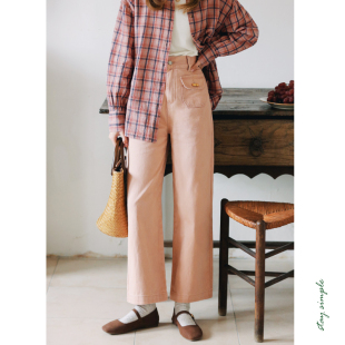 春直筒裤 花吉K290粉色高腰直筒小木扣做旧糖果色牛仔裤 女2026新款