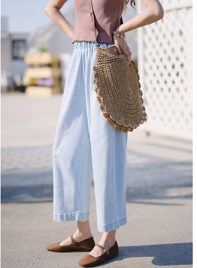 花吉K352浅蓝色松紧腰水洗牛仔裤女2026新款夏高腰阔腿直筒九分裤