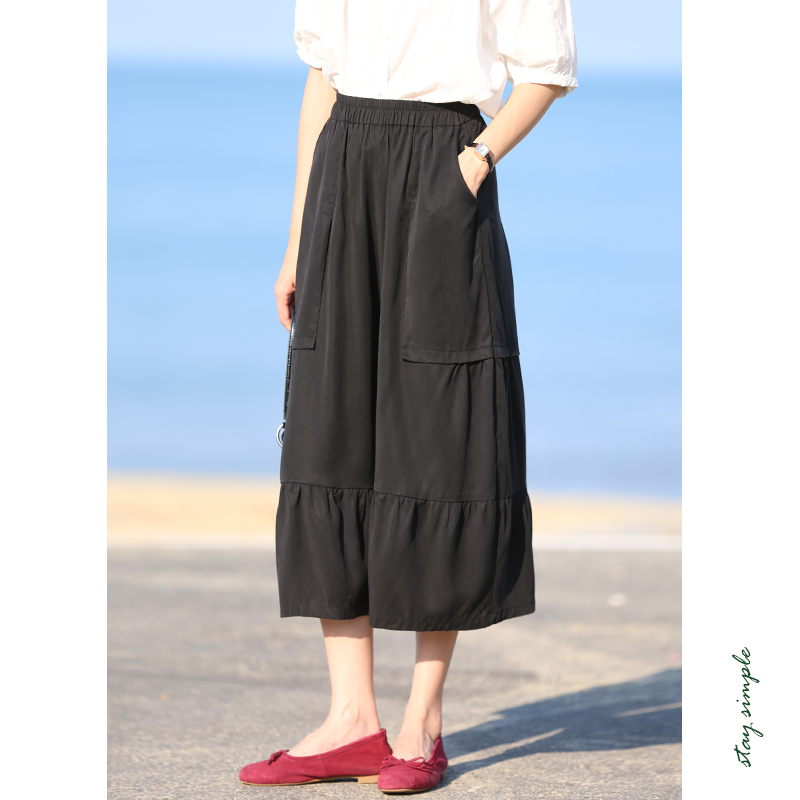 花吉K345黑色天丝垂感大口袋抓褶宽松阔腿裤女2025新款夏中长款